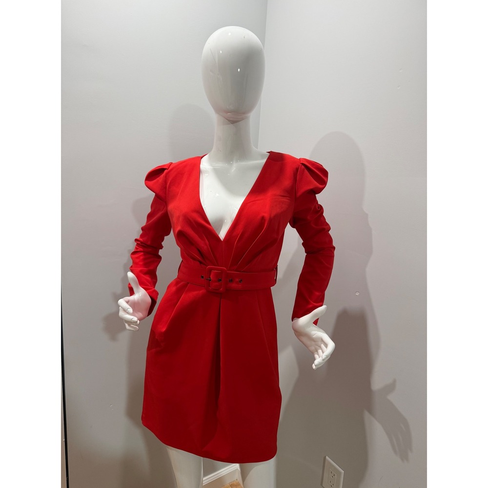 Bardot Red Deep V Neck Puff Sleeve Belted Mini Dress Women's US 6/S NWT - Picture 3 of 12
